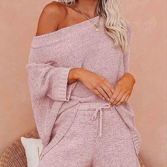 Pink Casual Women's Pure Color Asymmetric Neck Drop Sweater And Knitted Shorts - Picture 3 of 4